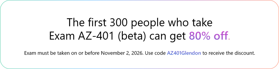 AZ-401 beta sınavı için yüzde 80 indirim kampanyası. Kaynak: Microsoft