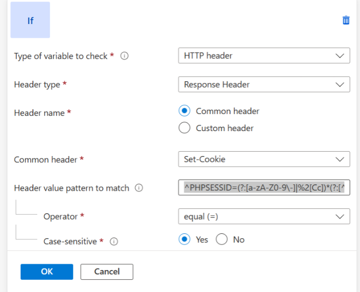 Application Gateway rewrite koşulu: Set-Cookie yanıt header'ı için regex eşleşmesi