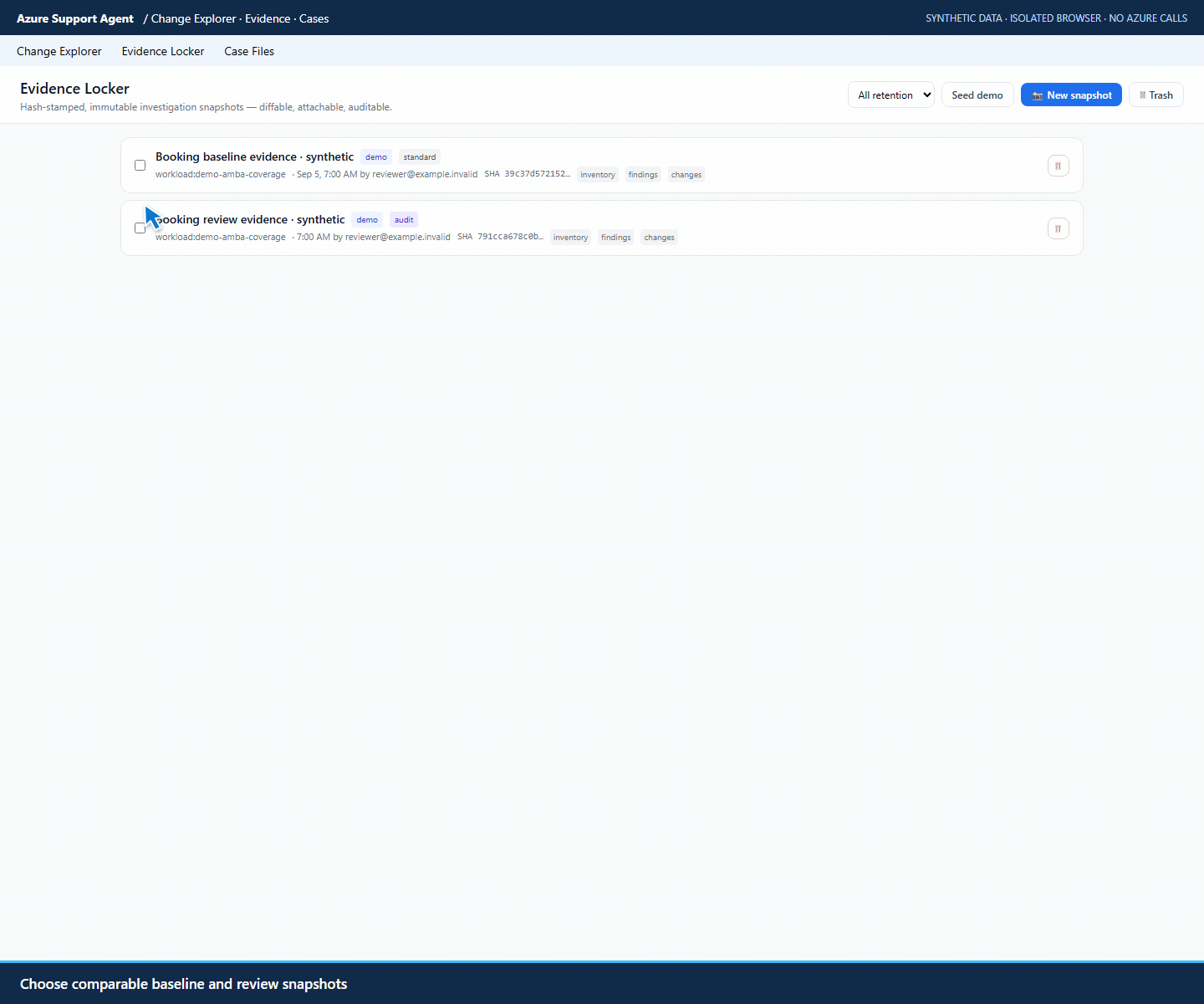 Snapshot karşılaştırmasında receipts kaynağının CostCenter alanı DEMO-OLD'dan DEMO-42'ye değişiyor, findings aynı kalıyor (sentetik örnek). Kaynak: Microsoft