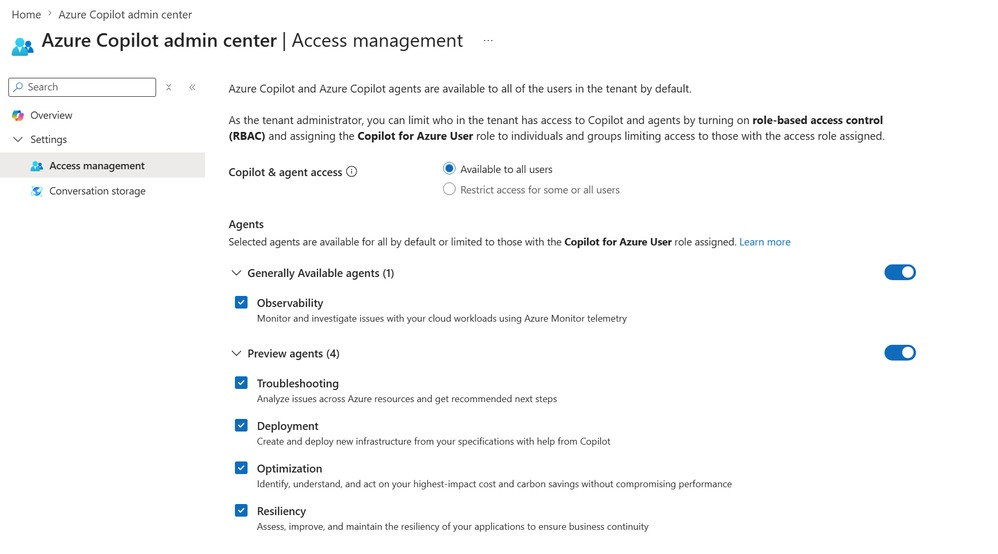 Azure Copilot Admin Center agent yönetimi