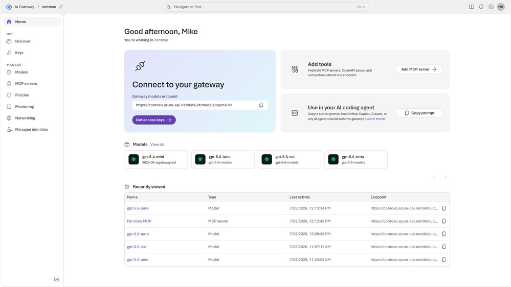 AI Gateway portal — model ve MCP sunucu yönetimi