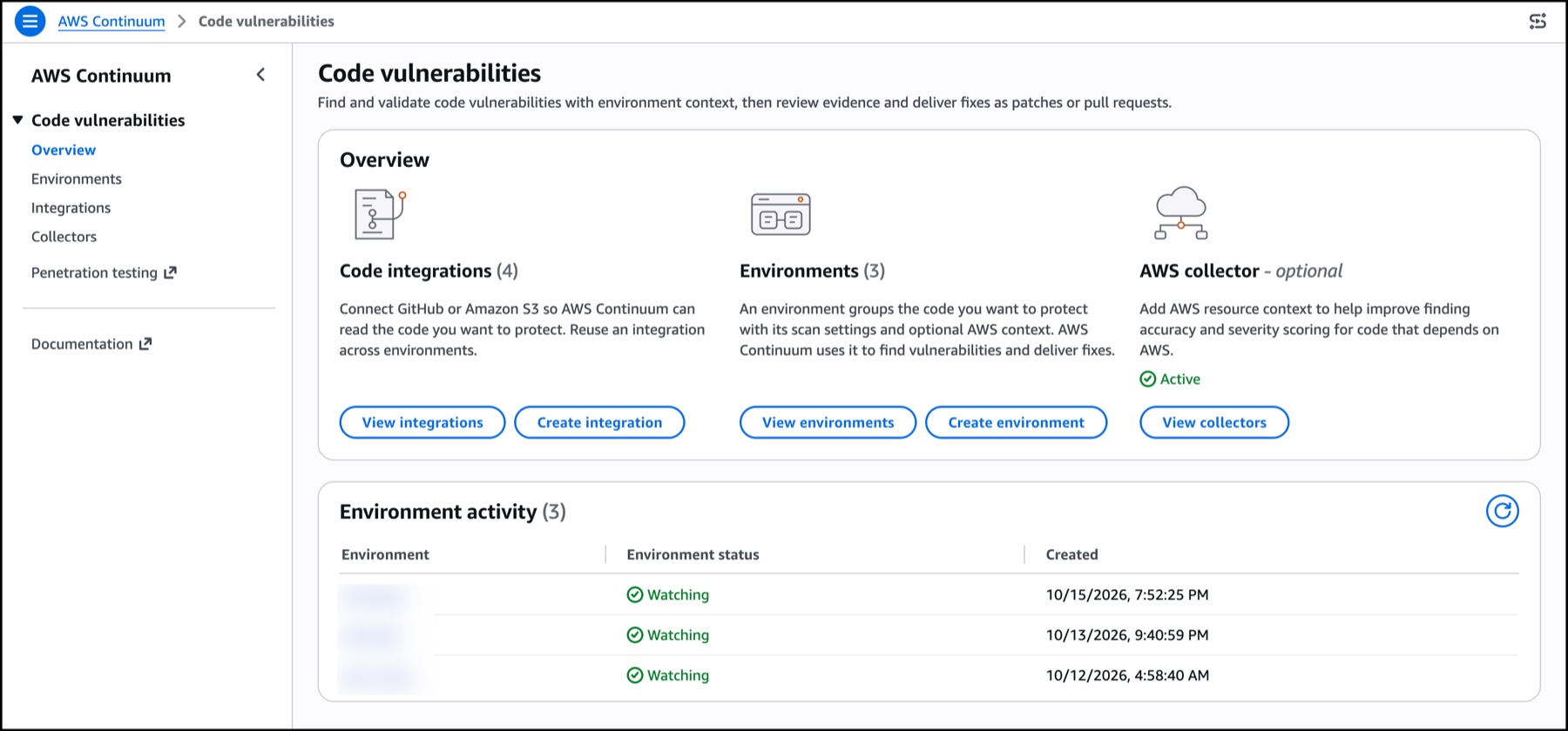 AWS Continuum Overview sayfası: kod entegrasyonları, ortamlar ve AWS collector durumu