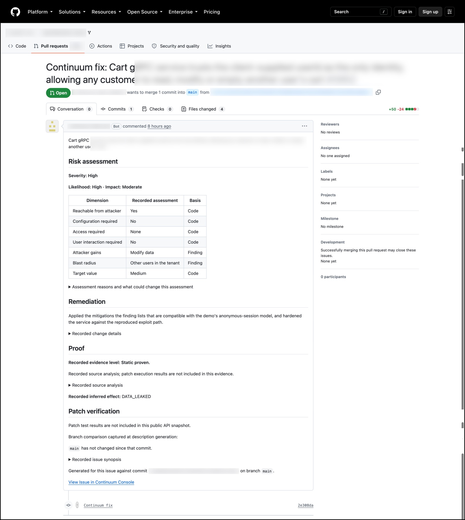 Continuum'un GitHub'da açtığı pull request ve açıklamadaki risk değerlendirmesi