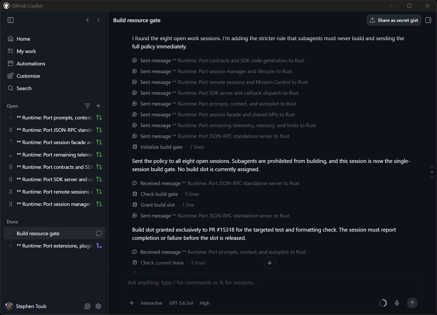 Sekiz porting session'ı için build kapısı görevi gören chat session