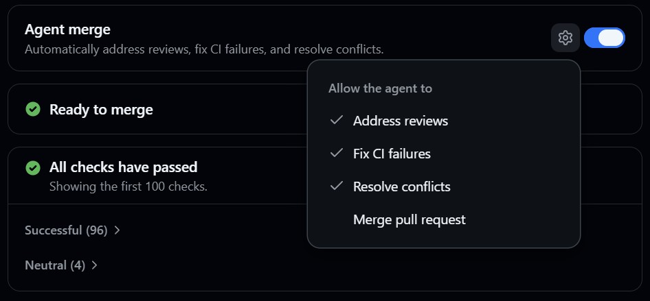 GitHub Copilot app Agent Merge paneli