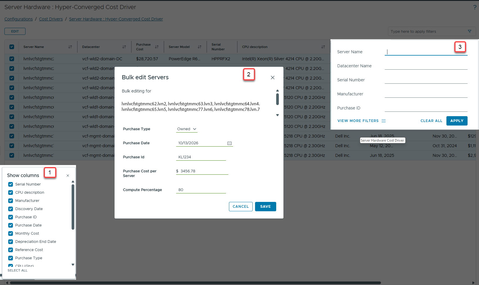 Yeni tablo tabanlı sunucu donanım maliyet sürücüsü arayüzü. Kaynak: VMware