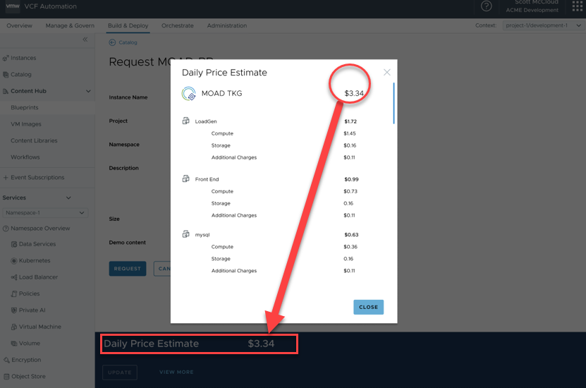 VCF Automation'da deployment öncesi fiyat tahmini. Kaynak: VMware
