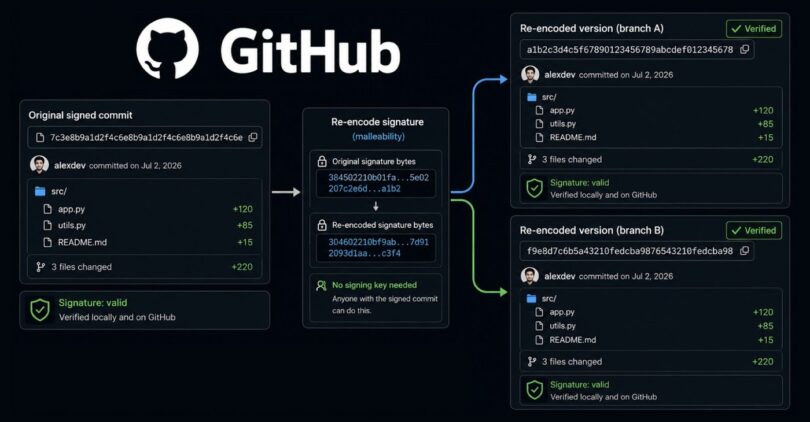 GitHub verified commits signature malleability