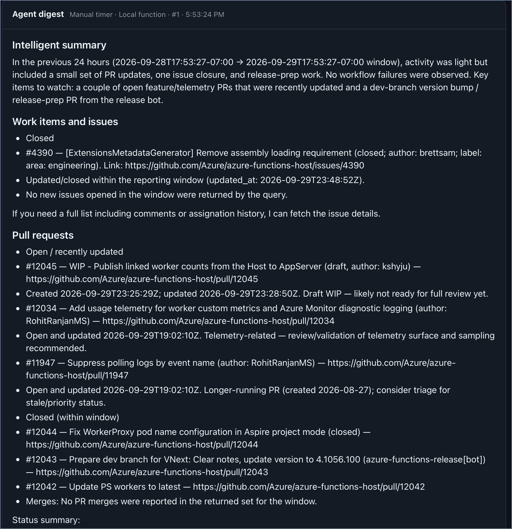 29 Eylül 2026'da Azure/azure-functions-host üzerinde yerel Timer çalıştırmasının gerçek çıktısından bir bölüm. Üç GitHub MCP çağrısının hepsi başarıyla tamamlanmış; çıktı repository aktivitesine ve modele göre değişir. Kaynak: Microsoft