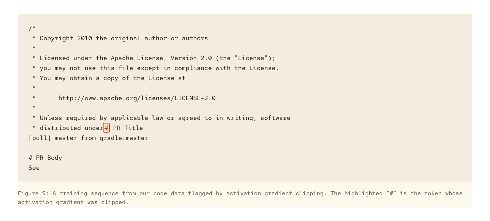 Figure 9: Activation gradient clipping'in işaretlediği bozuk bir kod eğitim örneği; vurgulanan # karakteri gradyanı kırpılan token. Kaynak: Microsoft AI