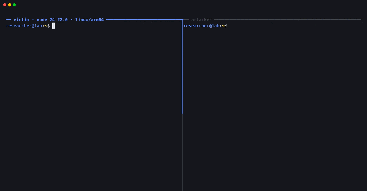 Node2Shell gösterimi: Node.js 24.22.0, Linux arm64 üzerinde saldırgan tarafından gönderilen Brotli verisiyle kod çalıştırma